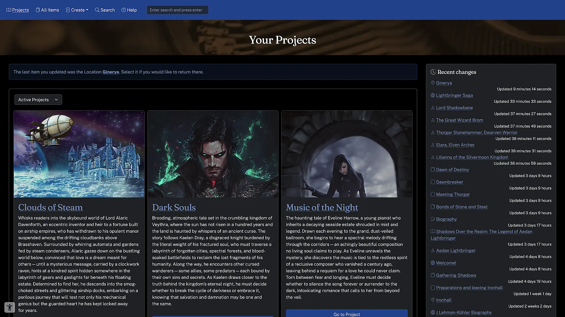Projects page