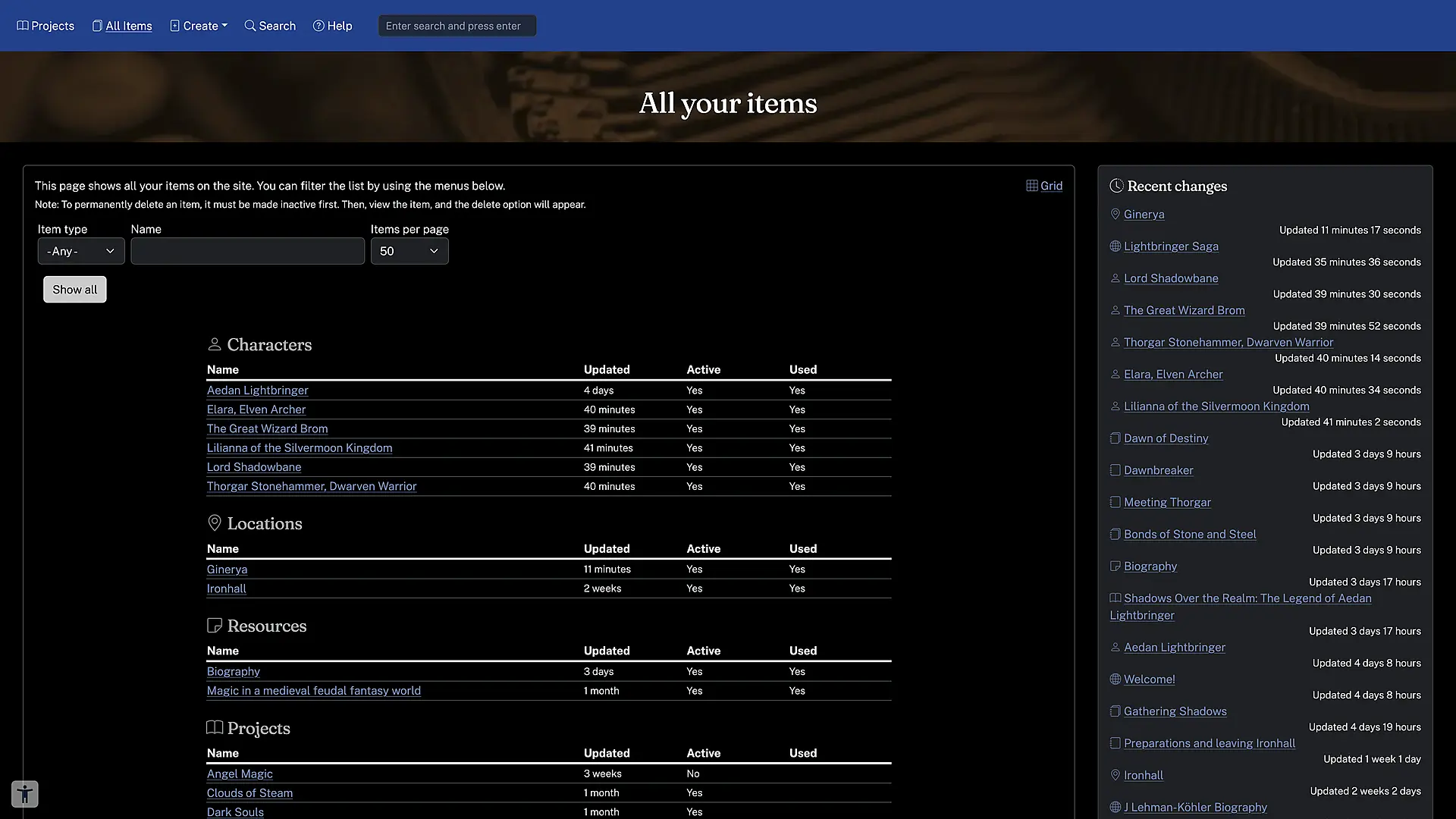 All items page