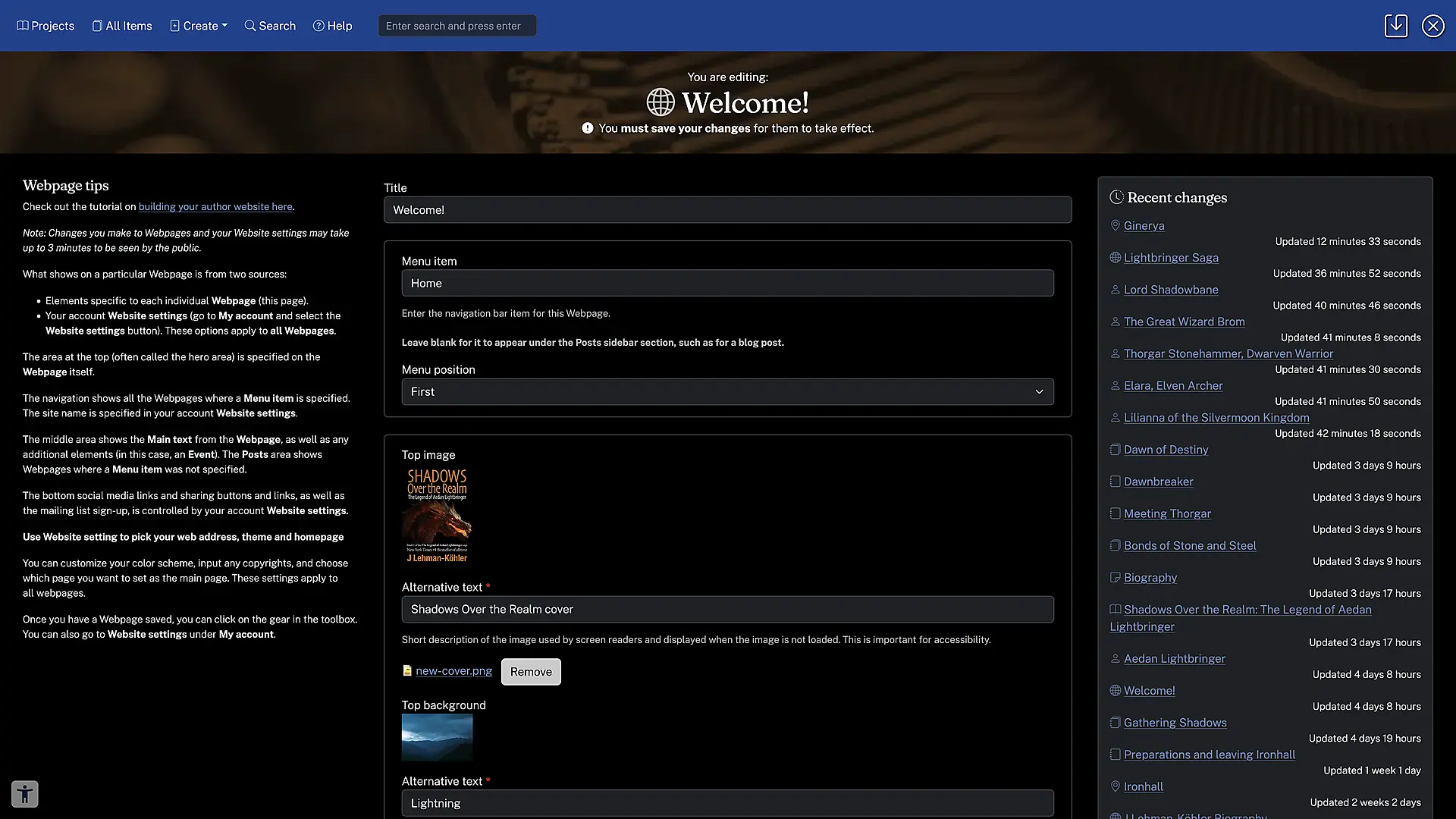 Webpage edit screen