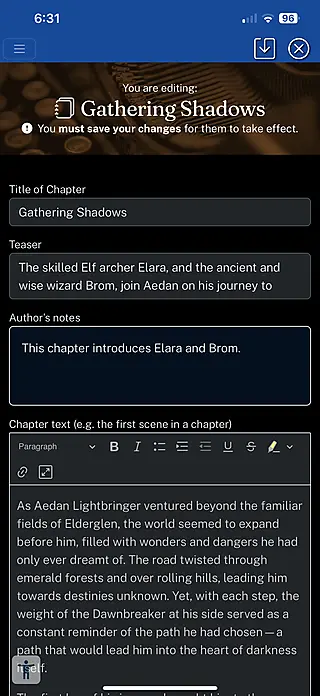 Chapter edit screen